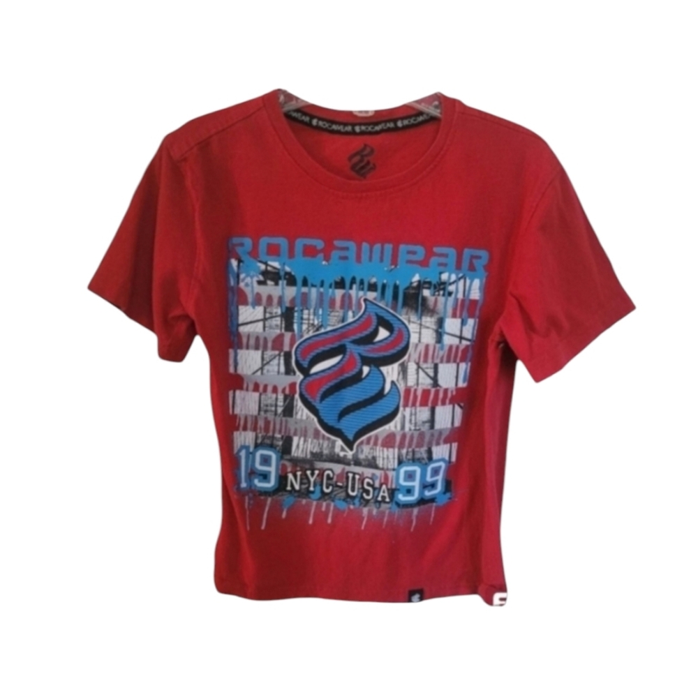 Vintage RocaWear Blue and Red Streetwear 1999 Graphic Tee Shirt Size 6 Boys